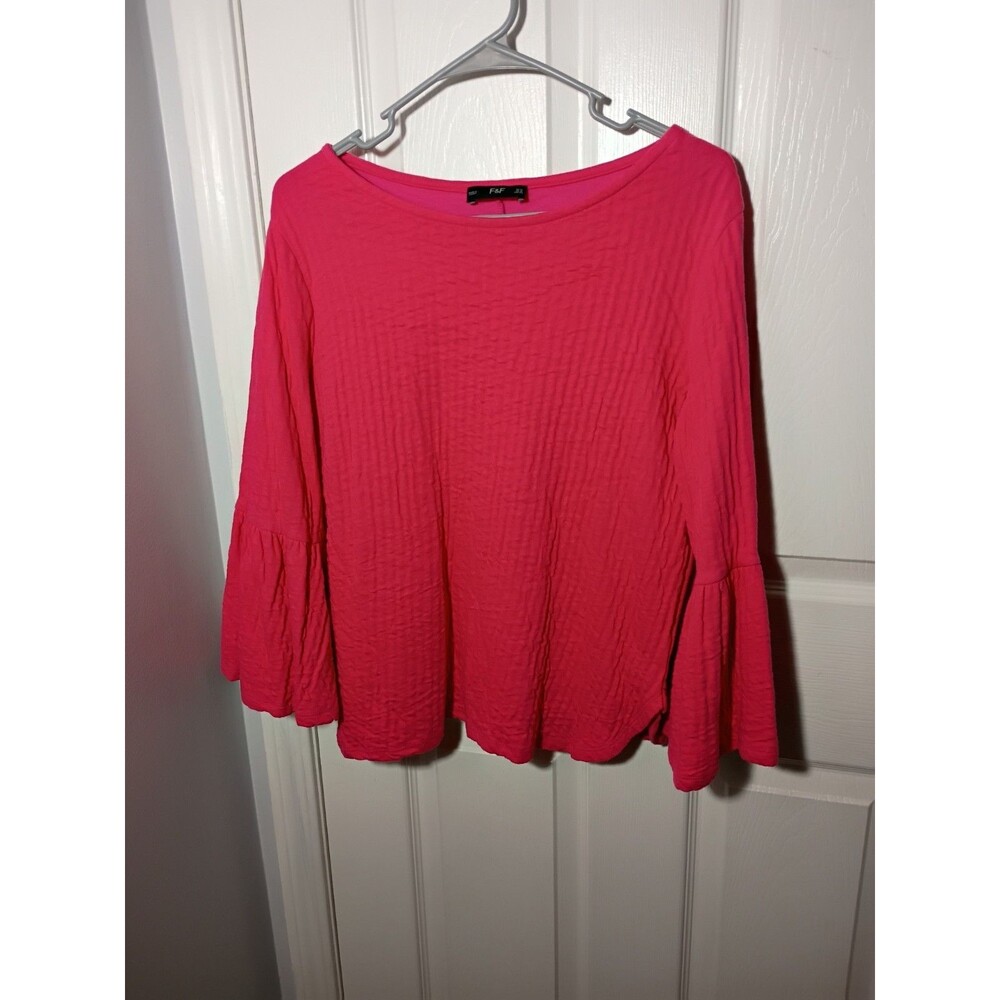 F&F Woman Pink Scoop Boat Neck Flare LS Textured Top Casual Pullover Stretch